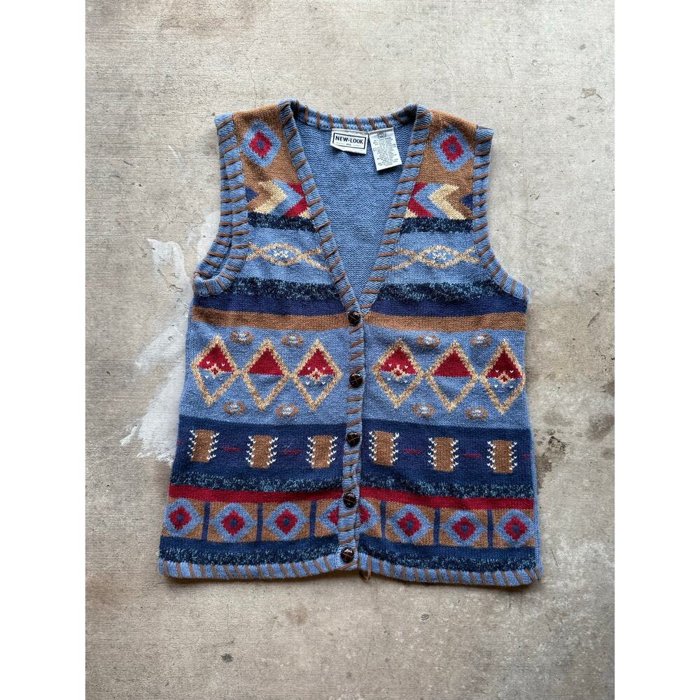 Vintage 80s/90s New Look Striped Knit Sweater Vest Wooden Buttons Size Small